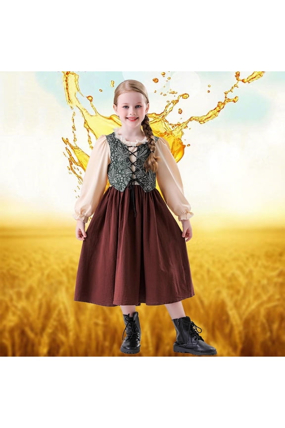 Oktoberfest Costume for Kids Girls Summer Dirndl Dress Traditional Bavarian Beer Carnival Festival Costume Outfit Princess Dress for Girls Coffee 9-10 Years