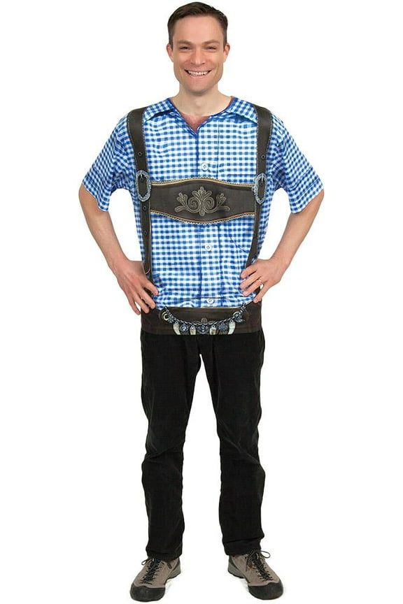 Oktoberfest Costume Lederhosen Realistic Faux Blue Shirt