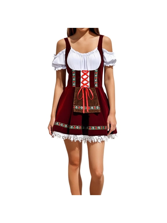 Oktoberfest for Womens, German Dirndl Dress One-Shoulder Traditional Bavarian Halloween Outfits