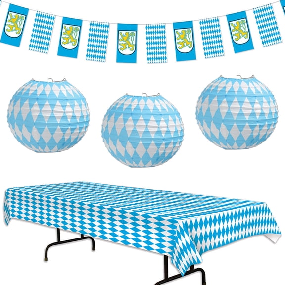 Oktoberfest Decorations Pack Set With Table Cover, Paper Lanterns and Banner Germany Bavarian Beer Festival Party Supplies Bundle Kit