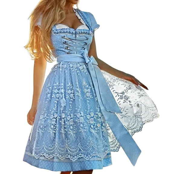 Oktoberfest Dirndl Dress Short Sleeve Traditional German Dresses with Apron Stage Performance Dress Up Blue XXL