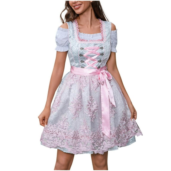Oktoberfest Dirndl Dress for Women German Beer Girl Mini Costume Bavarian Peasant Lace Up Maid Outfit