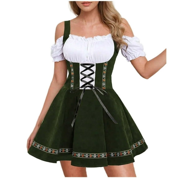 Oktoberfest Dress for Women Off The Shoulder Short Sleeve Straps Mini Skirt for Carnival Olive Green S