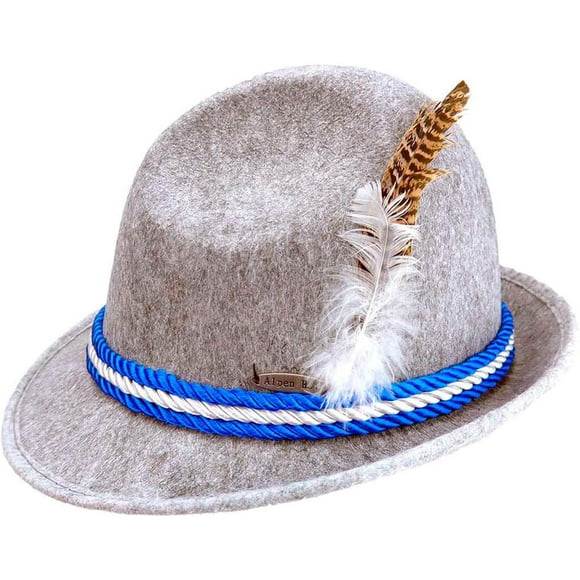 Oktoberfest Felt Gray Hat with Bavarian Rope & Feather | 7 5/8