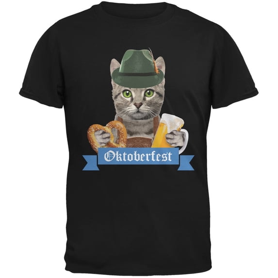Oktoberfest Funny Cat Black Adult T-Shirt - 2X-Large