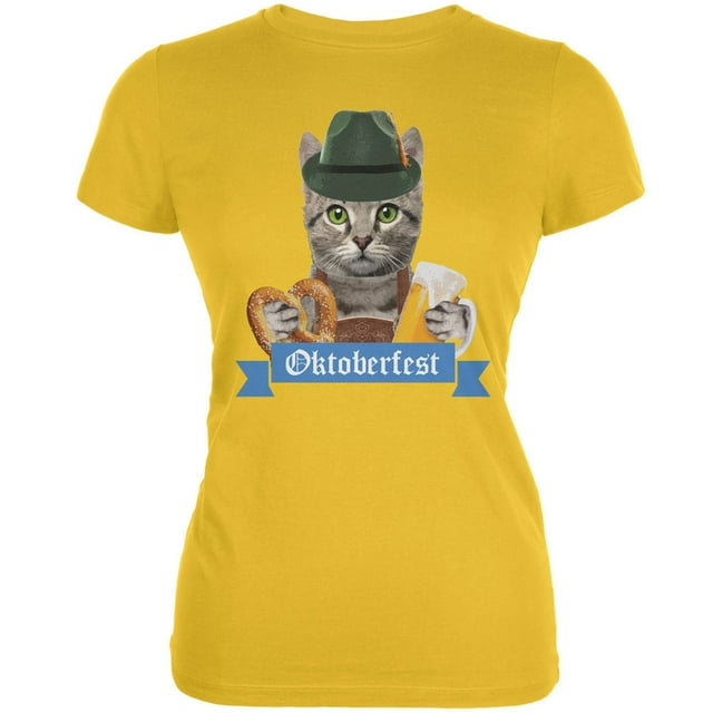 Oktoberfest Funny Cat Bright Yellow Juniors Soft T-Shirt - Medium