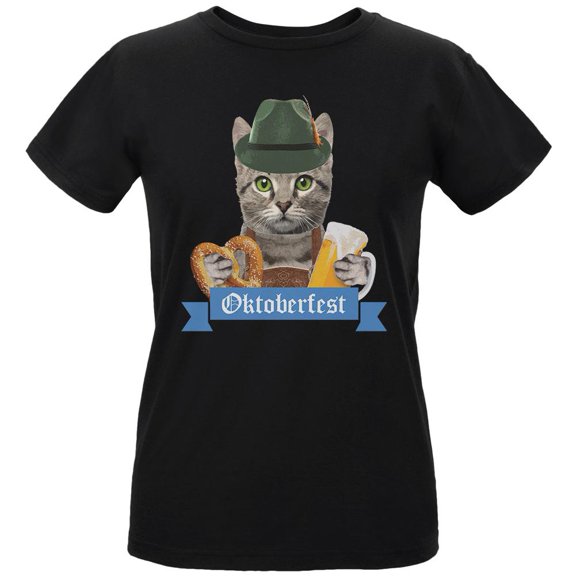 Oktoberfest Funny Cat Womens T Shirt Black SM