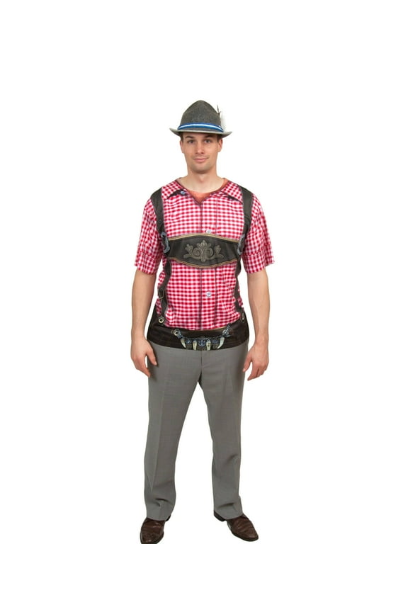 3-D Realistic Lederhosen Dry Fit Adult T Shirt with Faux Red Checkered Pattern (Small)