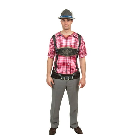 Oktoberfest Haus 3-D Realistic Lederhosen Dry Fit Adult T Shirt with Faux Red Checkered Pattern - XXXL