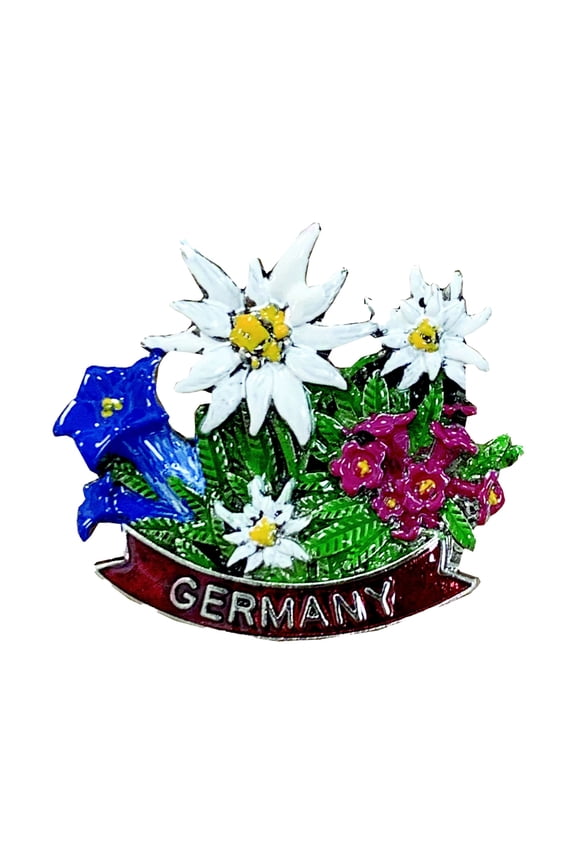 Oktoberfest Haus Alpine Bavarian Edelweiss Flowers High-Quality Metal themed German hat Pin with "Germany" Banner