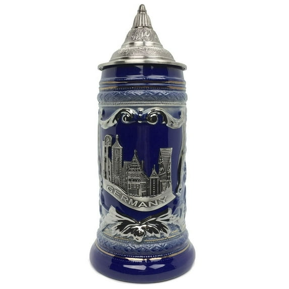 Oktoberfest Haus Blue Ceramic Deluxe Relief Village Medallion German Beer Stein with an ornate Metal Lid -0.6L