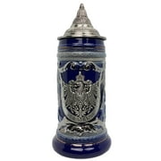Oktoberfest Haus Blue Ceramic Germany Eagle Stein Mug with Metal Medallion and Engraved Metal Lid - 1 L