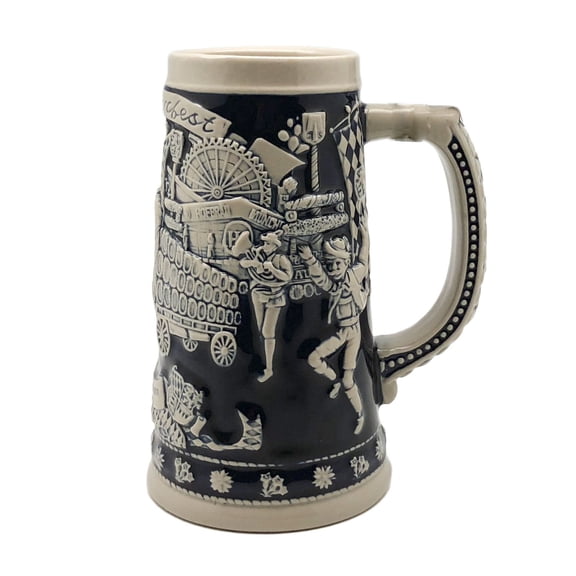 Oktoberfest Haus Blue Ceramic Munich Oktoberfest Beer Wagon Scene Beer Stein .75 Ltr