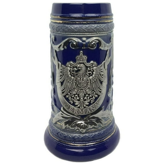 Oktoberfest Haus Blue Deluxe Relief Eagle Medallion Beer Stein with an Ornate Metal Lid -1 Liter