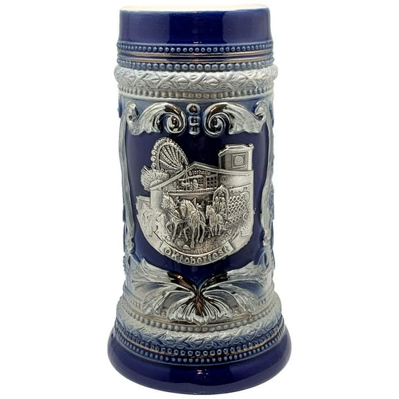 Oktoberfest Haus Deluxe Relief Munich Oktoberfest Collectible Metal Medallion Beer Stein - Blue 0.6L