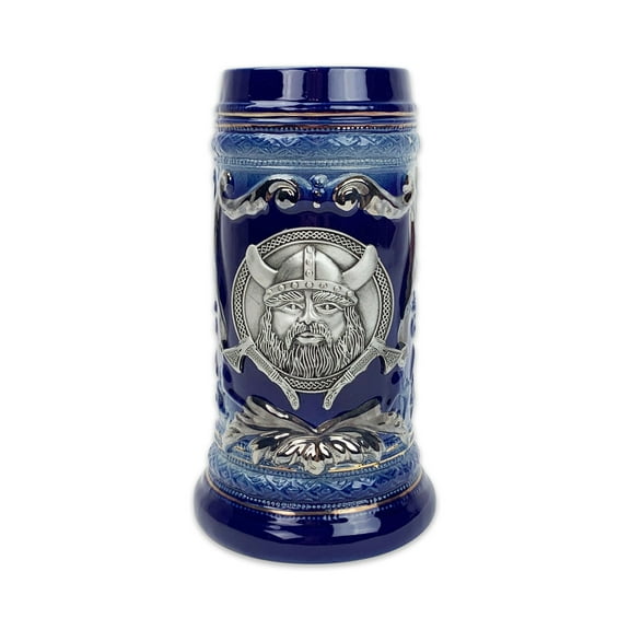 Oktoberfest Haus Deluxe Relief Norwegian Viking Metal Medallion Ceramic Beer Stein - 0.6L