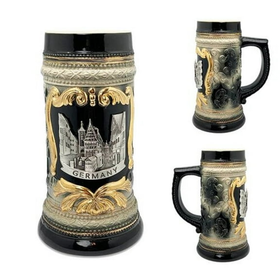Oktoberfest Haus Deluxe Relief Rothen Burg Germany Village Metal Medallion Beer Stein Black - 1L