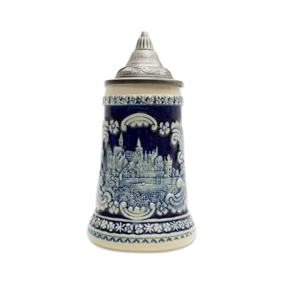 Oktoberfest Haus German Castle Beer Stein Engraved Ceramic in Cobalt Blue Ornate Metal Lid - 0.6L