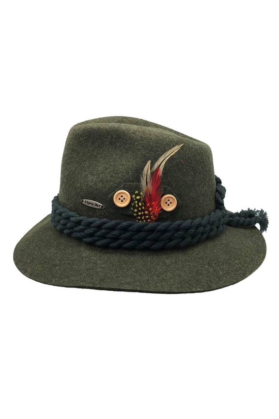 German Green Alpine 100% Wool Hat for Men and Women with Deluxe Braided Rope | L