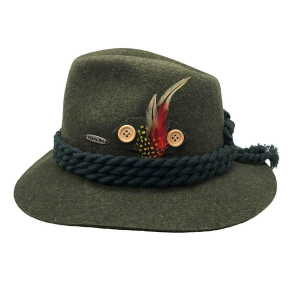 German Green Alpine 100% Wool Hat for Men and Women with Deluxe Braided Rope | L
