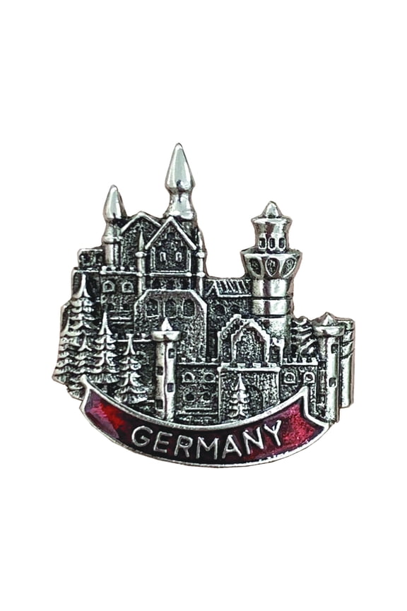 Oktoberfest Haus German-Themed Neuschwanstein Castle Hat Pin High-Quality Metal on Top of a Red "Germany" Banner