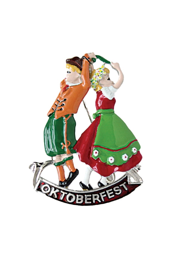 Oktoberfest Haus Metal German Hat Pin with German Dancers Edelweiss Flower with "Oktoberfest" Banner