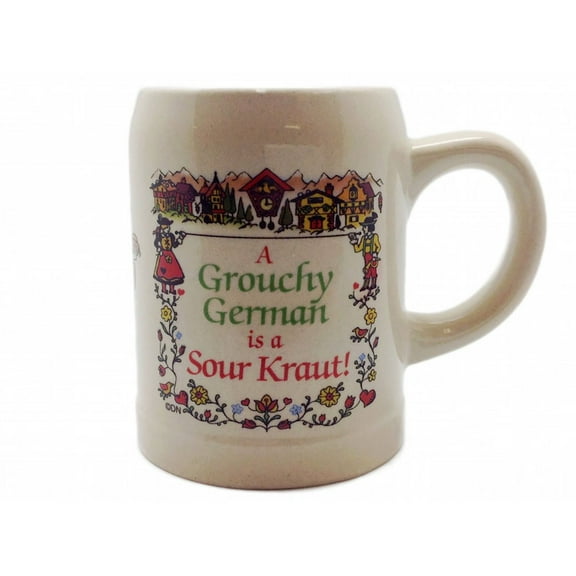 Oktoberfest Haus Multicolor Ceramic German Coffee Mug with "A Grouchy German Is A Sour Kraut!" 12 oz