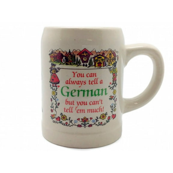 Oktoberfest Haus Multicolor Ceramic German Coffee Mug with "You can always tell a German, but you can't tell them much." 12 oz