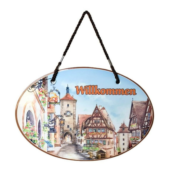Oktoberfest Haus Multicolor Ceramic Willkommen German Village Scene Decorative Sign for Door