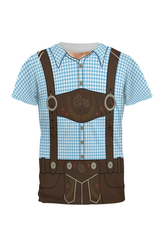 Oktoberfest Lederhosen Costume German Brown Suspenders All Over Mens T Shirt Blue LG