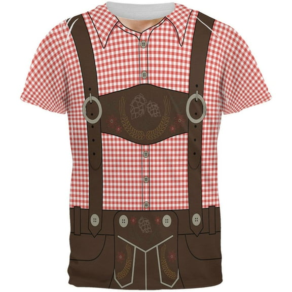 Oktoberfest Lederhosen Costume German Brown Suspenders All Over Mens T Shirt Red 2XL
