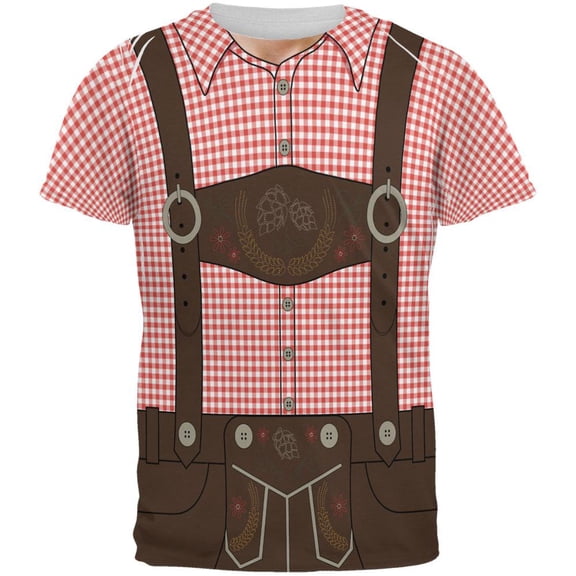 Oktoberfest Lederhosen Costume German Brown Suspenders All Over Mens T Shirt Red LG