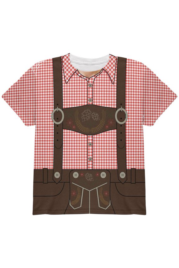 Oktoberfest Lederhosen Costume German Brown Suspenders All Over Youth T Shirt Red YLG