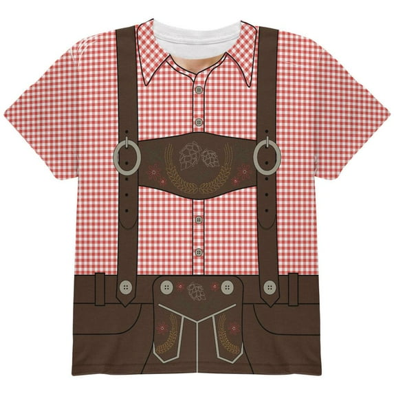 Oktoberfest Lederhosen Costume German Brown Suspenders All Over Youth T Shirt Red YMD