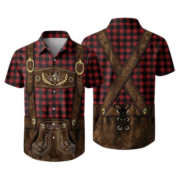 Oktoberfest Men's Lederhosen Themed Shirt, Plaid Short Sleeve Button Down Blouse Top