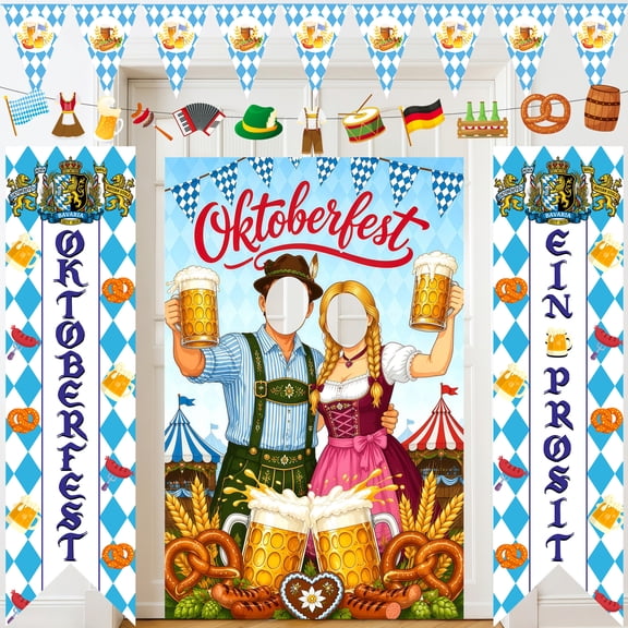 Oktoberfest Porch Sign and Photo Backdrop, Bavarian Door Banner, German Beer Festival Entrance Decorations for Outdoor Yard Party Decoration