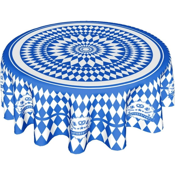 Oktoberfest Round Tablecloth 60 Inch Blue and White Checked Table Cloths Polyester Fabric Bavarian Blue Gingham Table Cover Background for Oktoberfest Party Decorations Kitchen Picnic Party Outdoor