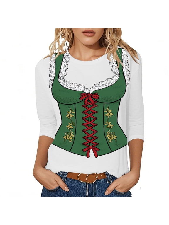 Oktoberfest Shirt for Women Funny Graphic German Shirts 3/4 Sleeve October Festival Oktoberfest Outfits 2025 Party Themed Tops