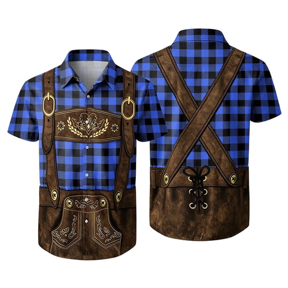 Oktoberfest Themed Men's Lederhosen Print Shirt, Traditional Plaid Button Down Shirts