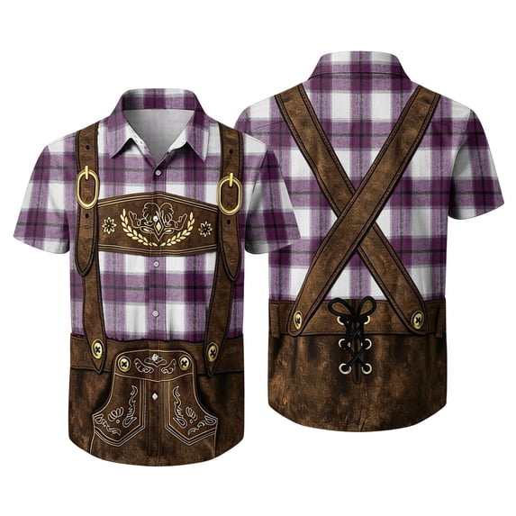Oktoberfest Themed Men's Lederhosen Print Shirt, Traditional Plaid Button Down Shirts