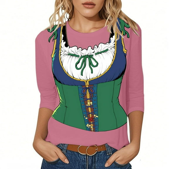 Oktoberfest Themed T Shirts for Women Crew Neck 3/4 Sleeve Tees Festival Tops Funny Shirts Casual Loose Fit Blouses Halloween Clothes Summer Spring Fall Outfit