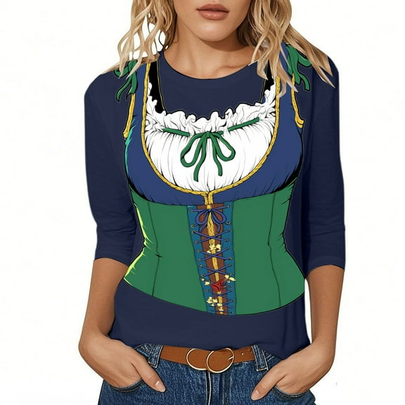 Oktoberfest Themed T Shirts for Women Crew Neck 3/4 Sleeve Tees Festival Tops Funny Shirts Casual Loose Fit Blouses Halloween Clothes Summer Spring Fall Outfit