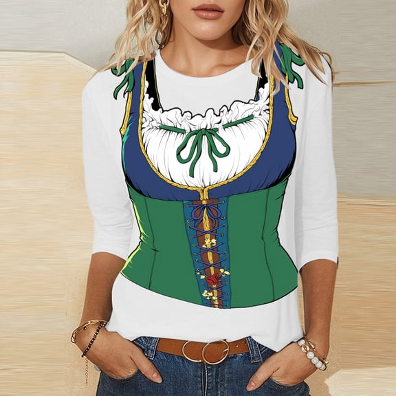 Oktoberfest Top for Women 3/4 Sleeve Crew Neck T-Shirt Graphic Print 2025 Casual Fall Vacation Fashion Blouses