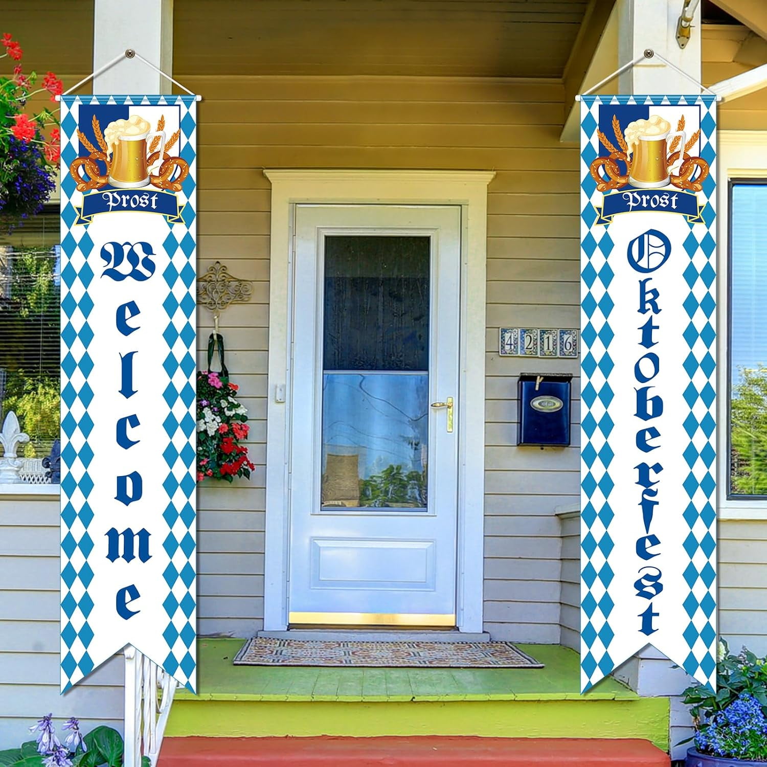 Oktoberfest Porch Sign Blue and White Bavarian Flag Door