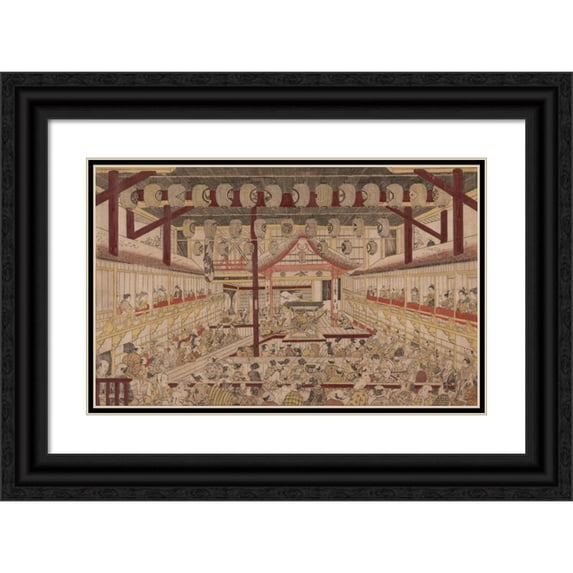 Okumura Masanobu 14x11 Black Ornate Wood Framed Double Matted Museum Art Print Titled: Perspective View of the Interior of the Nakamura Theater with Ichikawa Ebizo II as Yanone Goro (17