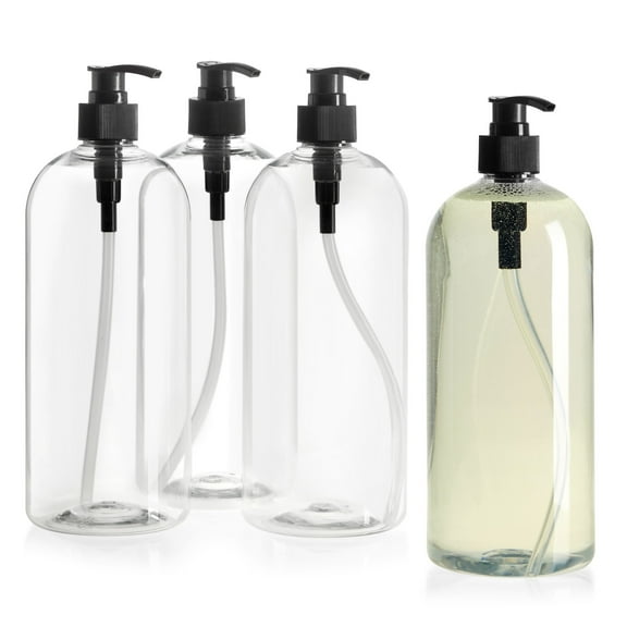 Okuna Outpost 32 oz Pump Bottles for Shampoo and Conditioner, 4 Pack Refillable Empty Shampoo Bottles, No-Spill, Clear Large Soap Dispenser with Black Pumps, Use for Hand Soap, Body Wash, Lotion