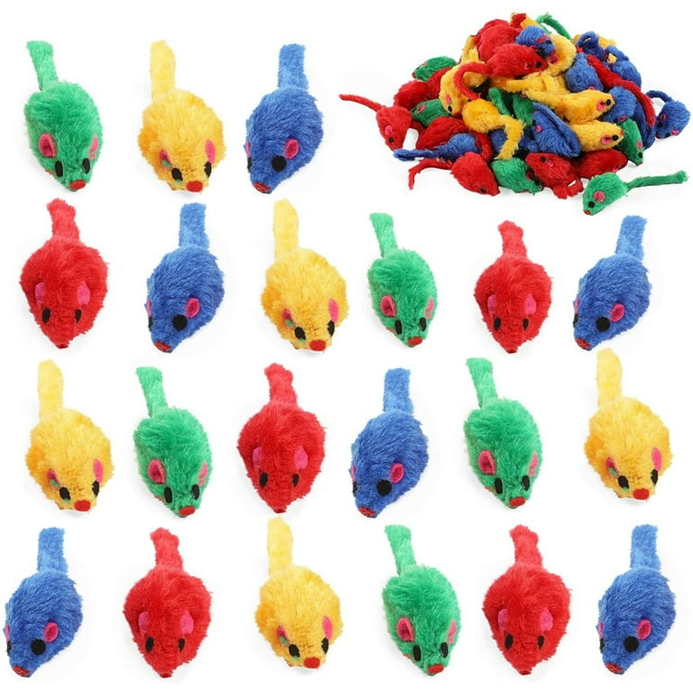 Okuna Outpost Cat Mice Toys Colorful Mouse Rattles for Pets in 4 Colors 2 x 0.7 in 60 Pieces