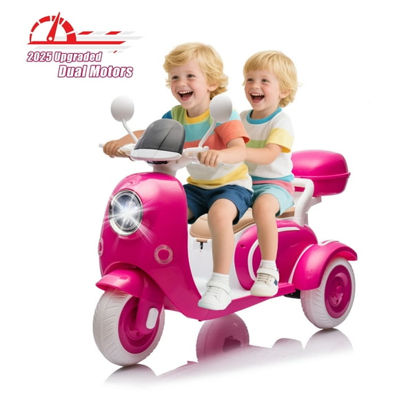 Okybaby 12V Kids Ride On 2-Seater Motorcycle with Dual Motors, 3 Wheels Electric Motorcycle with Bluetooth, Music, USB, LED Light, Battery Powered Ride on Toy Car for Kids Aged 3-6, Rose Red