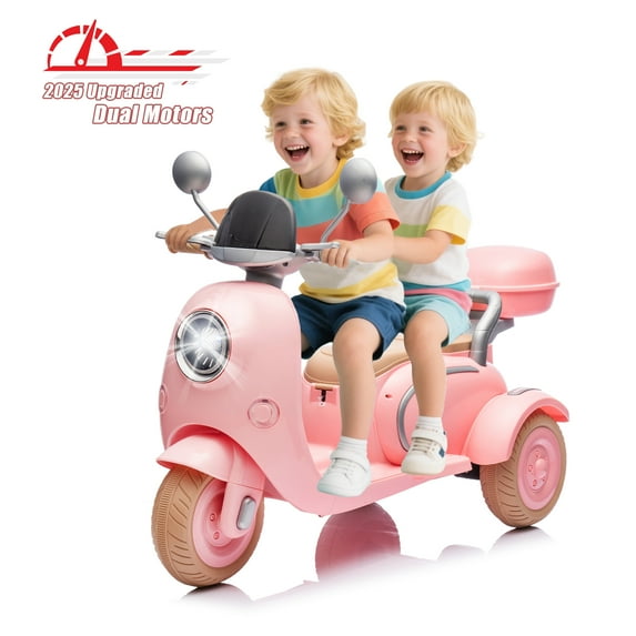Okybaby 12V Kids Ride On 2-Seater Motorcycle with Dual Motors, 3 Wheels Electric Motorcycle with Bluetooth, Music, USB, LED Light, Battery Powered Ride on Toy Car for Kids Aged 3-6, Pink