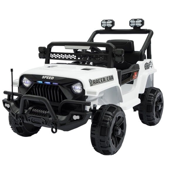 Okybaby 12V Kids Ride On Jeep Car with Remote Control&Four-wheel Suspension, Toddler Electric Ride on Toys with Dual Motor,LED Light/USB/Bluetooth/Bonus Stickers for Kids 2+,White